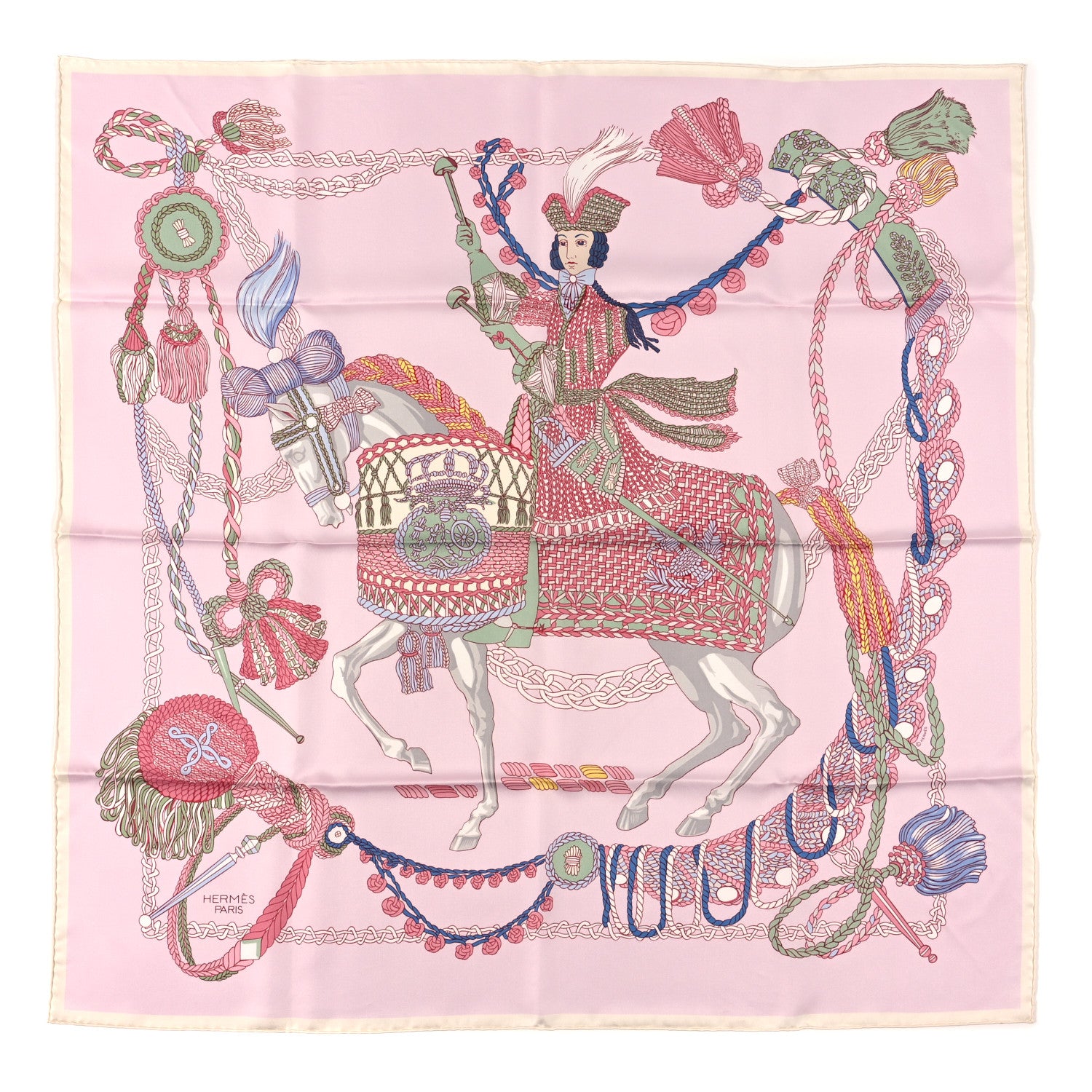 Hermes Silk Le Timbalier Scarf 90 Rose Pale Vert Amande 1 of 3