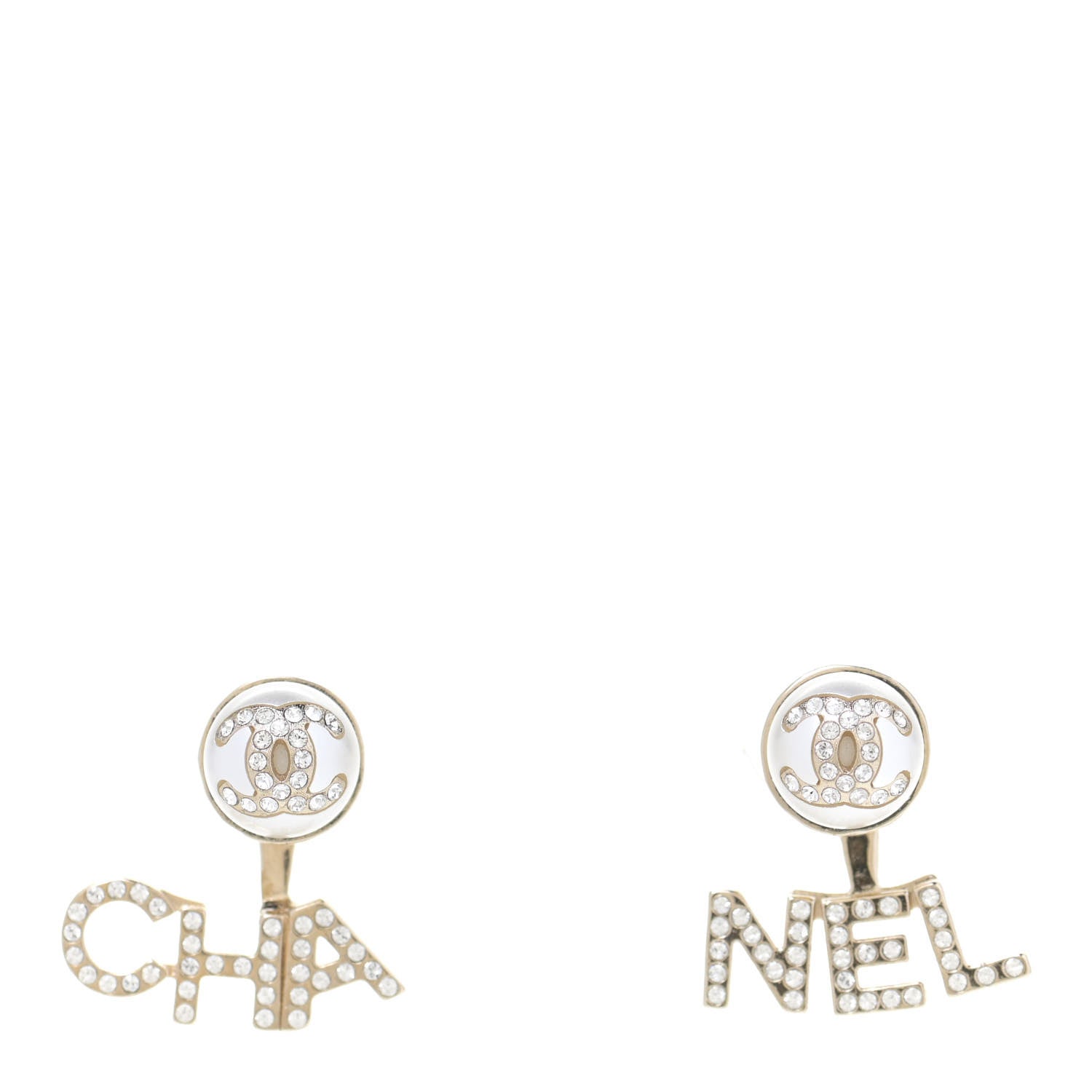 Chanel Pearl Crystal Logo Earrings Gold Pearly White 1 of 8