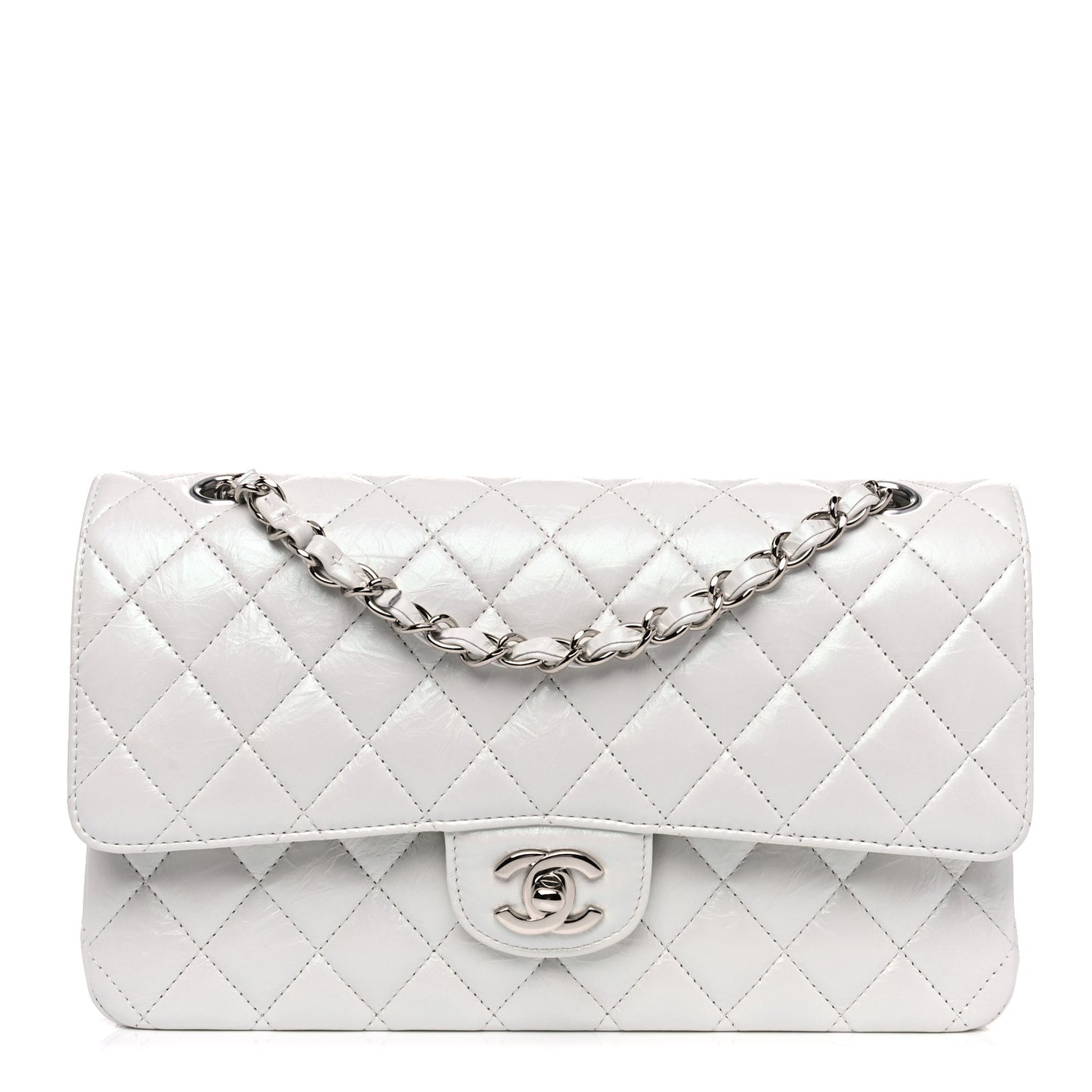 Iridescent Crumpled Calfskin Quilted Medium Double Flap White