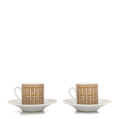 Hermes Porcelain Mosaique Au 24 Gold Coffee Cup and Saucer Set of 2 3 of 13
