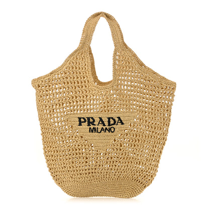 Prada Yarn Raffia Effect Crochet Logo Embroidered Shopping Tote Bag Naturale 1 of 10