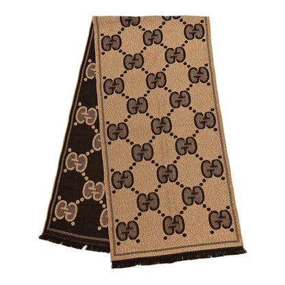 Gucci Wool Lame Jacquard Monogram Jumbo GG Lady Nest Lux Scarf Beige Dark Brown 2 of 3