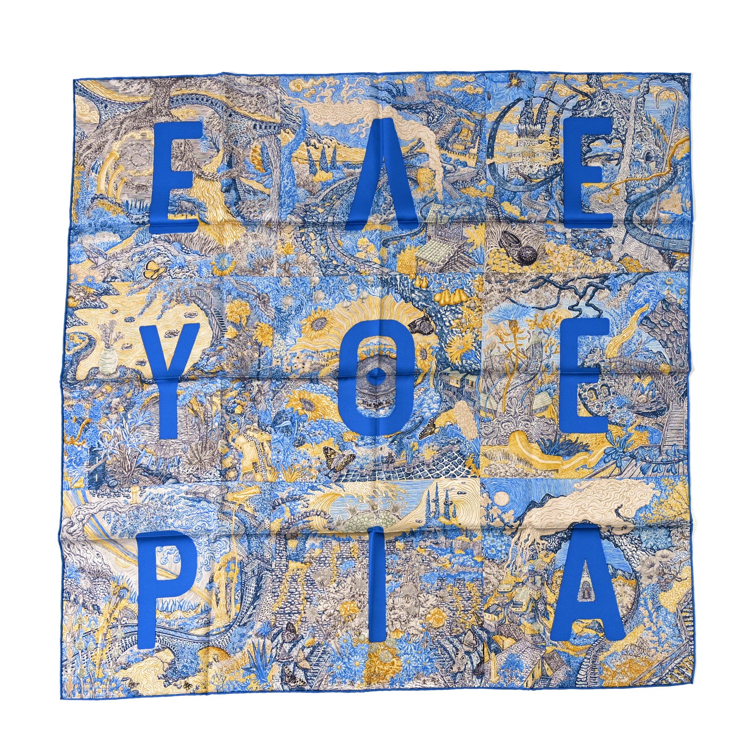 Hermes Silk Eleftheria Scarf 90 Gris Argent Bleu Vif Jaune 1 of 3