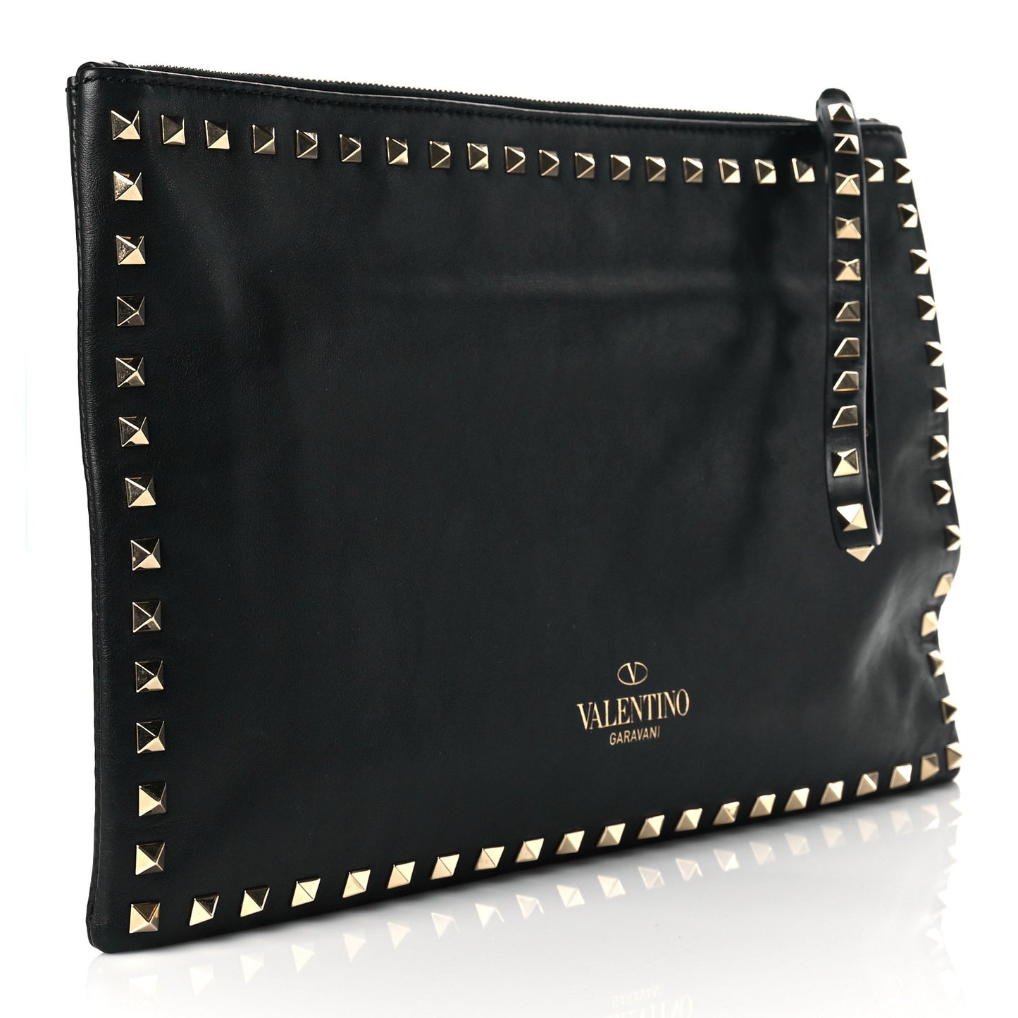 Vitello Large Rockstud Zip Wristlet Pouch Black