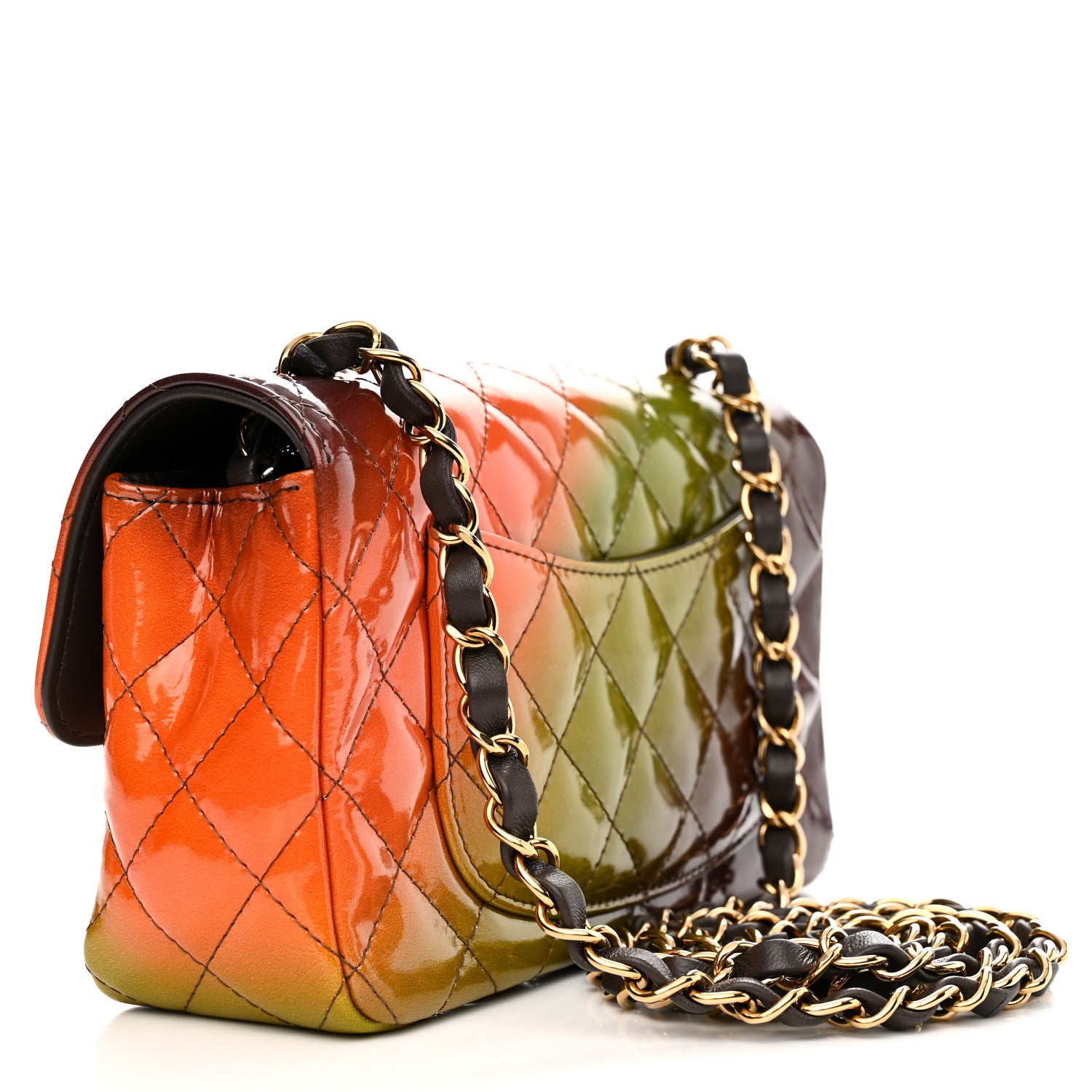 Chanel Shaded Patent Calfskin Quilted Mini Rectangular Flap Green Orange Dark Brown 3 of 11