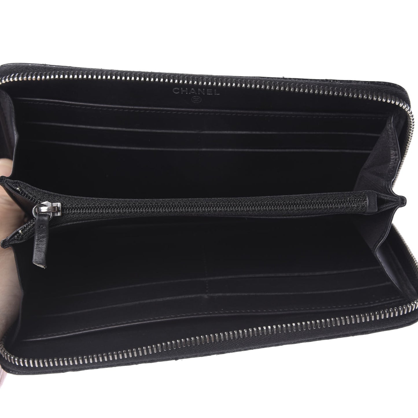 Glittered Calfskin Quilted Large Gusset Zip Wallet Black