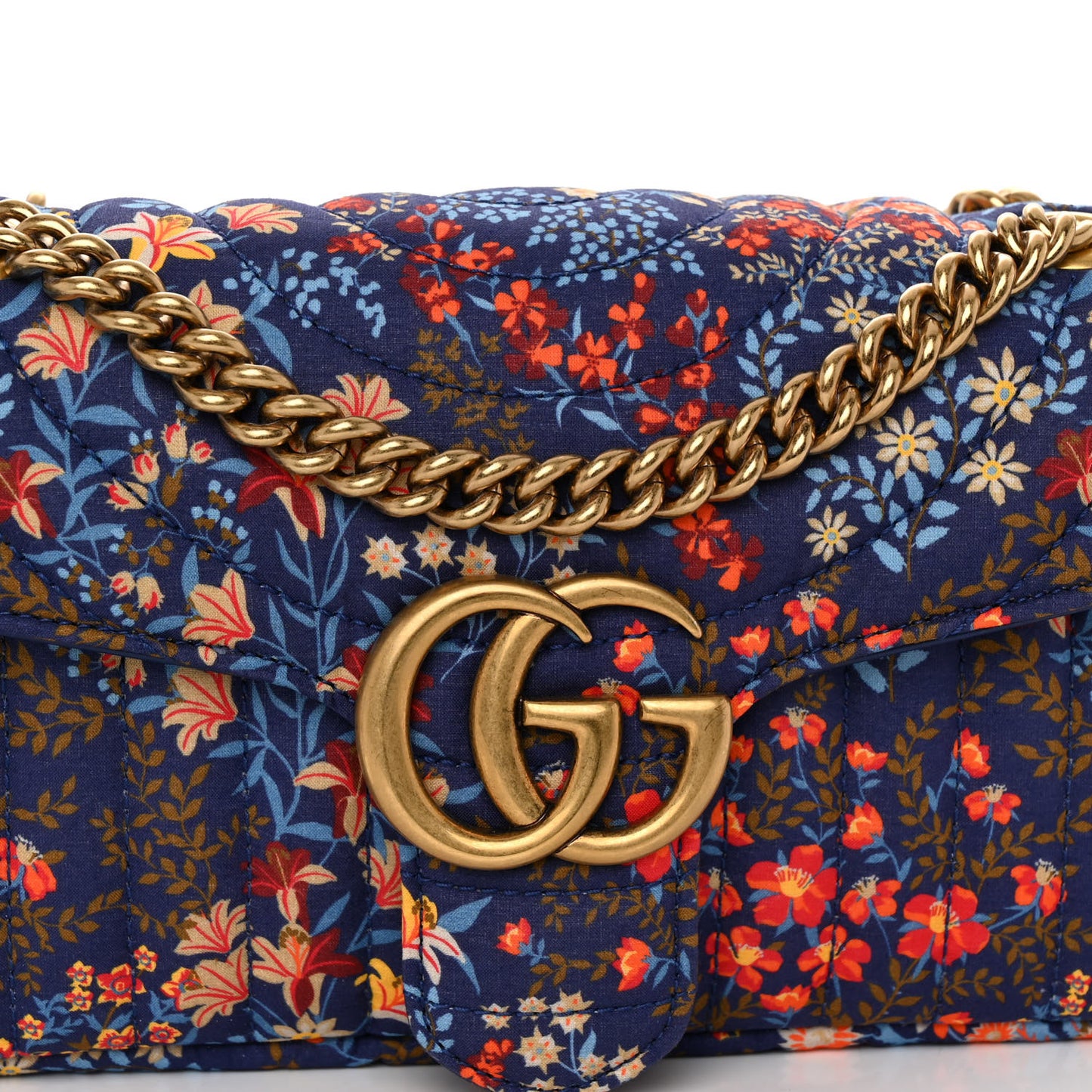 Cotton Calfskin Matelasse Floral Print Small GG Marmont Shoulder Bag Blue Red Deep Ocean Blue