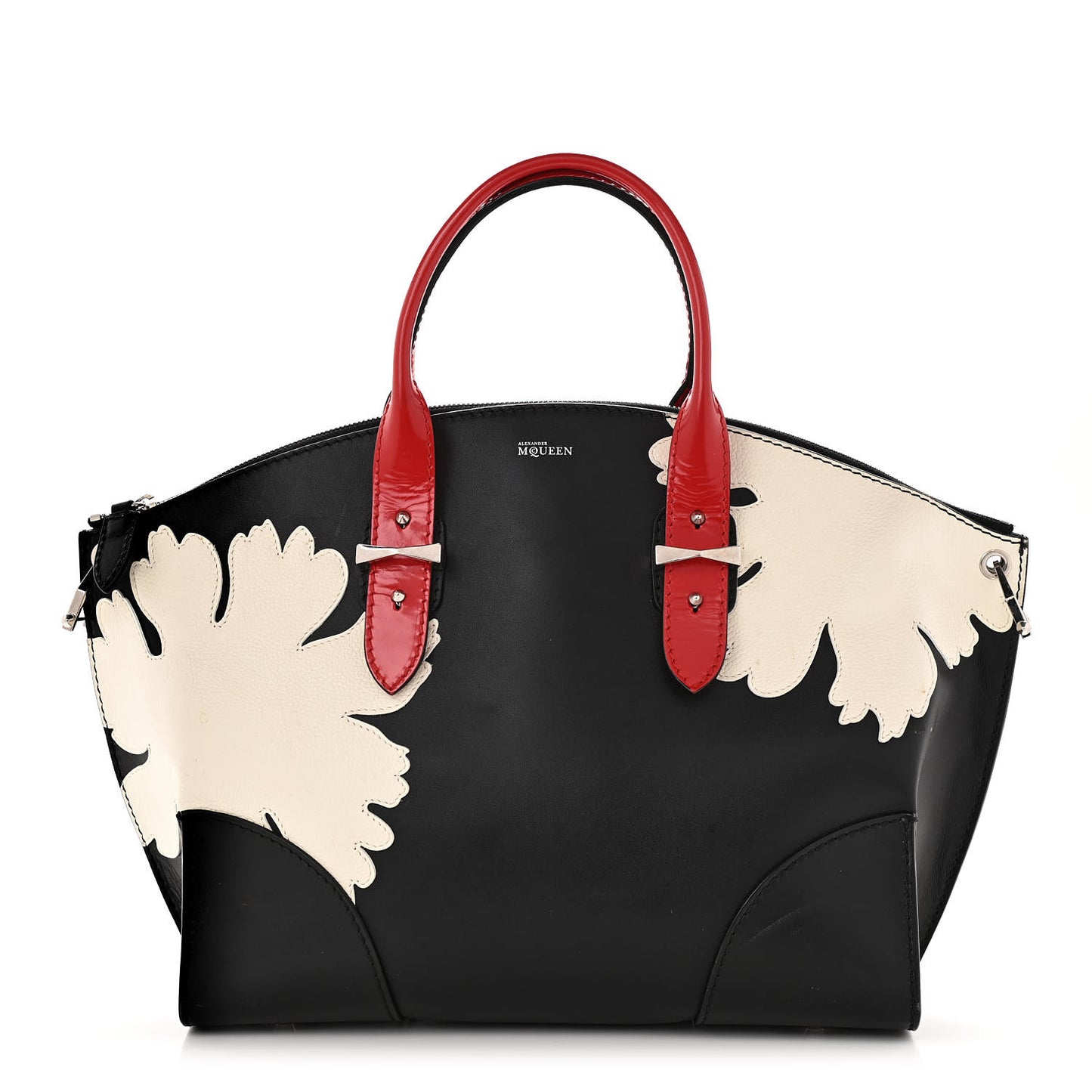 Lambskin Applique Lotus Flower De Manta Tote Black Red