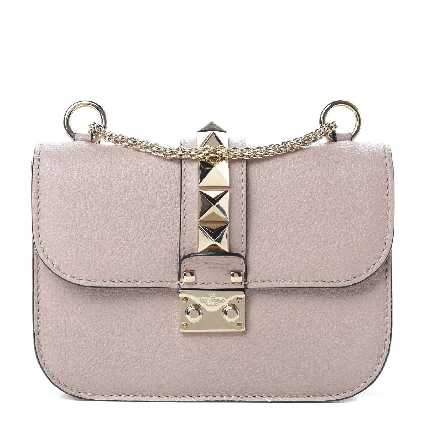 Pebbled Calfskin Small Glam Lock Rockstud Flap Poudre