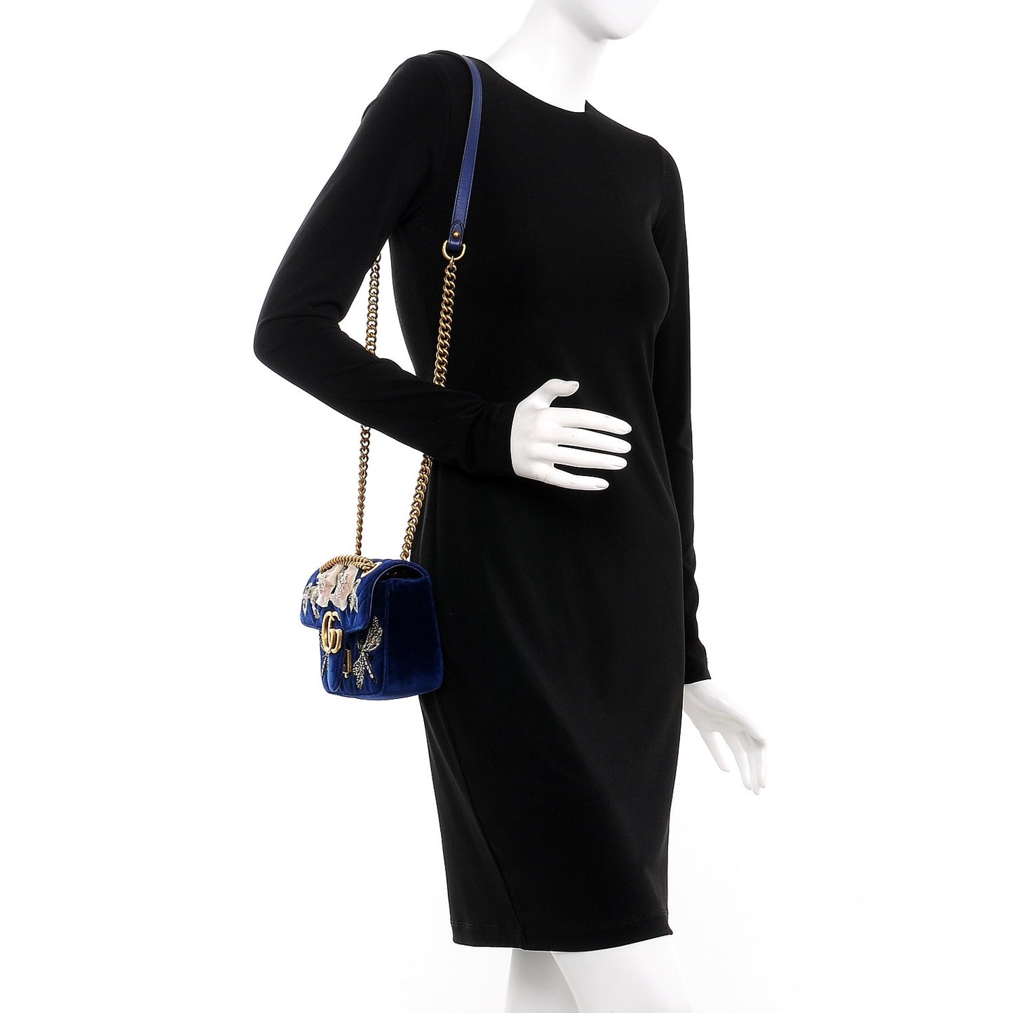 Velvet Matelasse Embroidered Mini GG Marmont Shoulder Bag Cobalt Blue