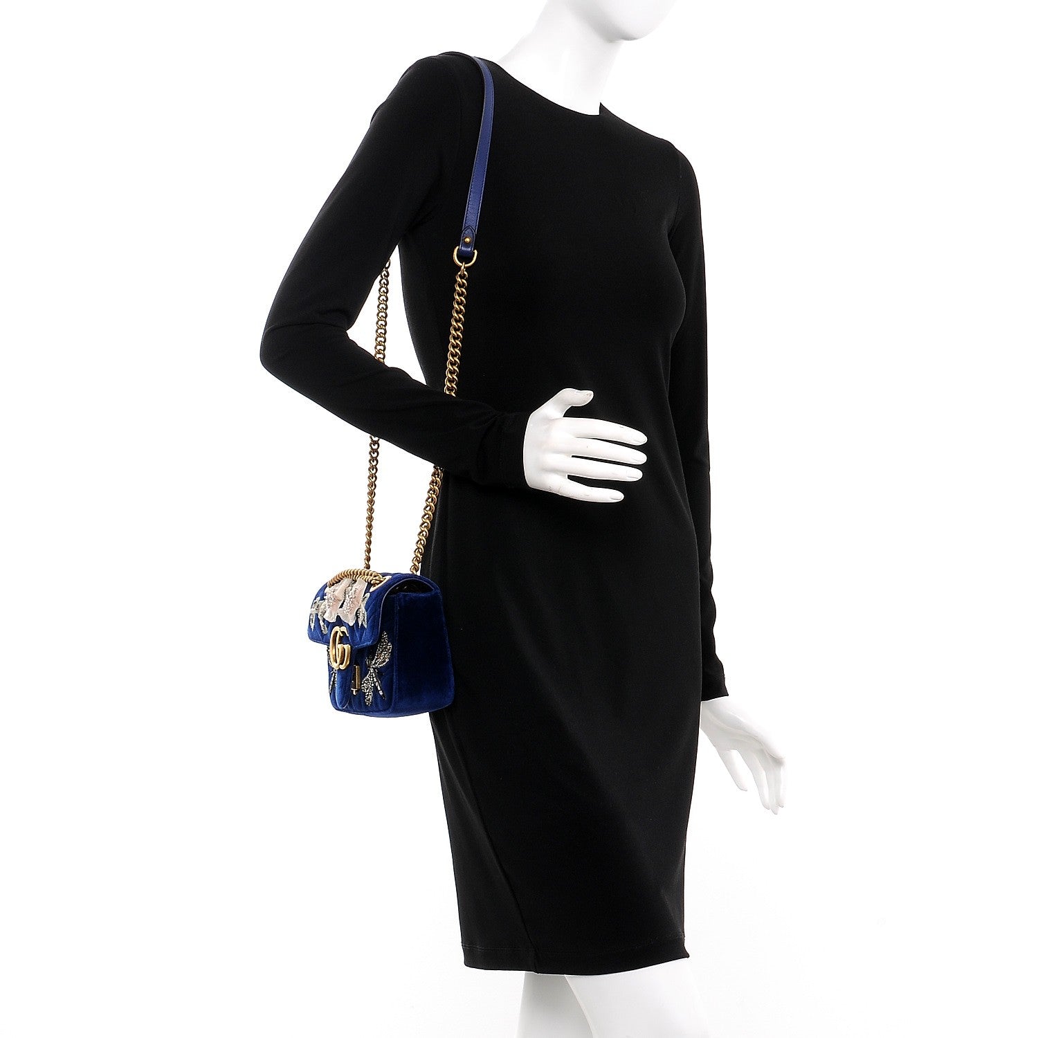 Gucci Velvet Matelasse Embroidered Mini GG Marmont Shoulder Bag Cobalt Blue 2 of 11