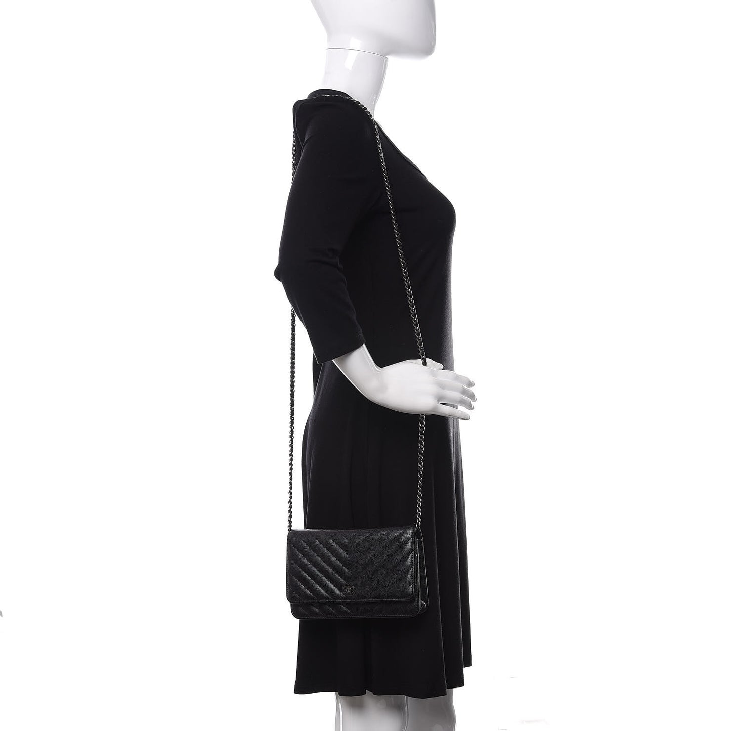 Iridescent Caviar Chevron Quilted Wallet On Chain WOC Black