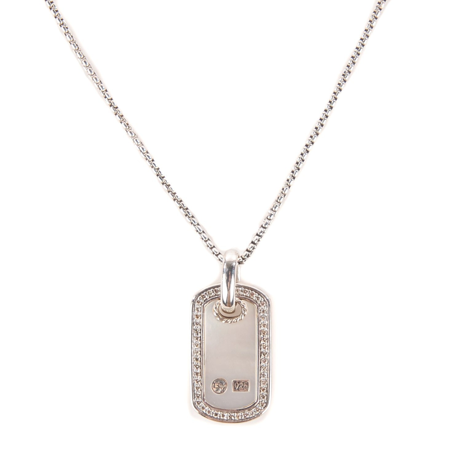 David Yurman Sterling Silver Mother Of Pearl Diamond Small Dog Tag Necklace 1 of 7