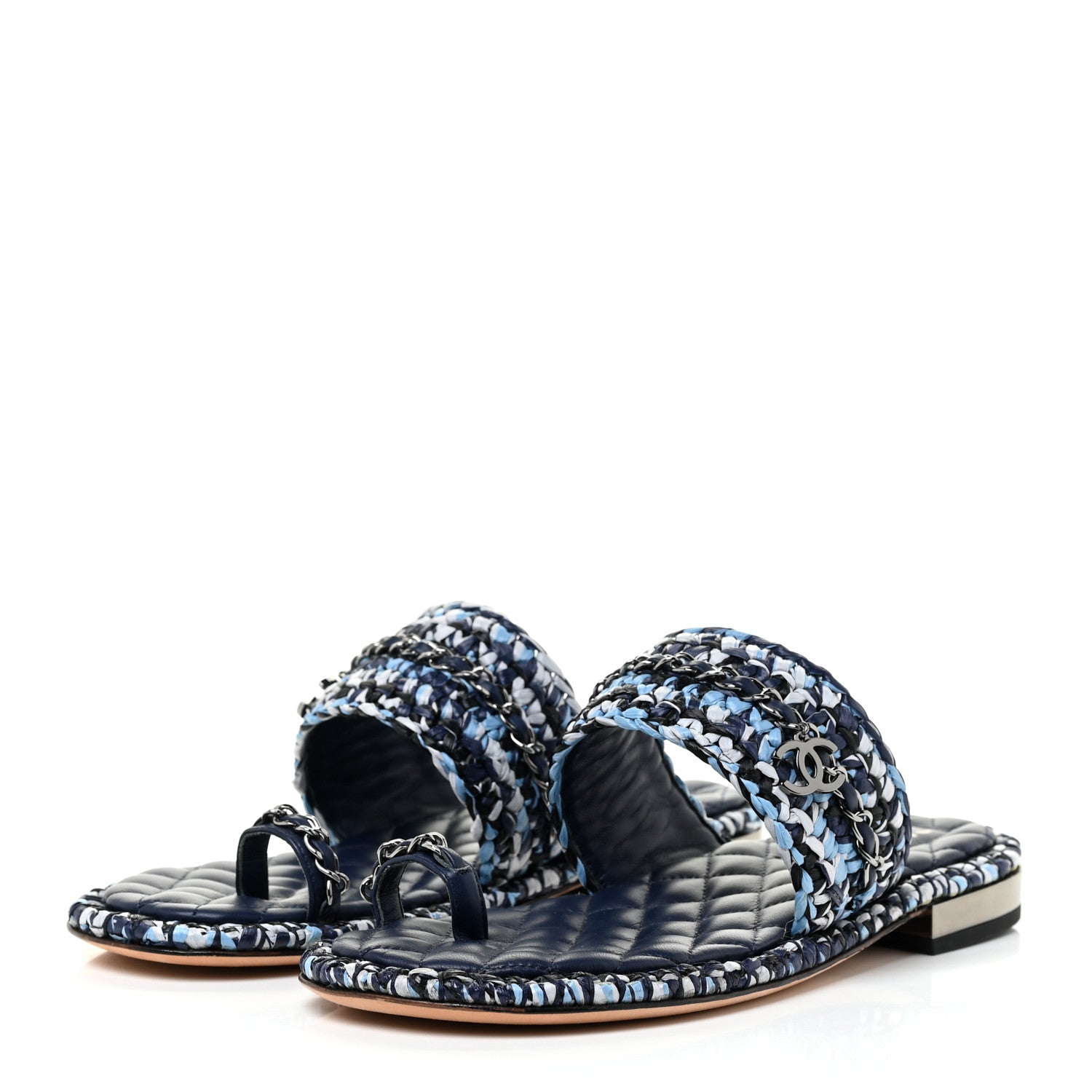 Chanel Raffia Lambskin Woven Chain CC Toe Ring Sandals 38.5 Blue White Navy 3 of 12