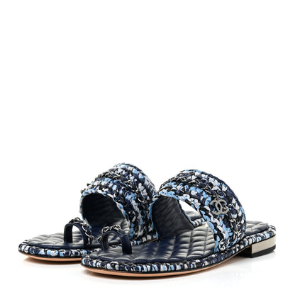 Chanel Raffia Lambskin Woven Chain CC Toe Ring Sandals 38.5 Blue White Navy 3 of 12