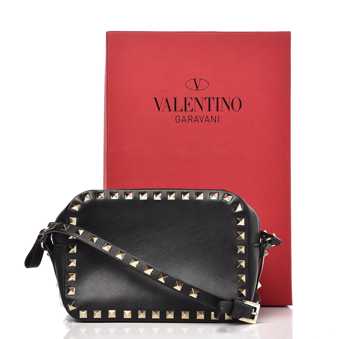 Calfskin Rockstud Camera Crossbody Bag Black