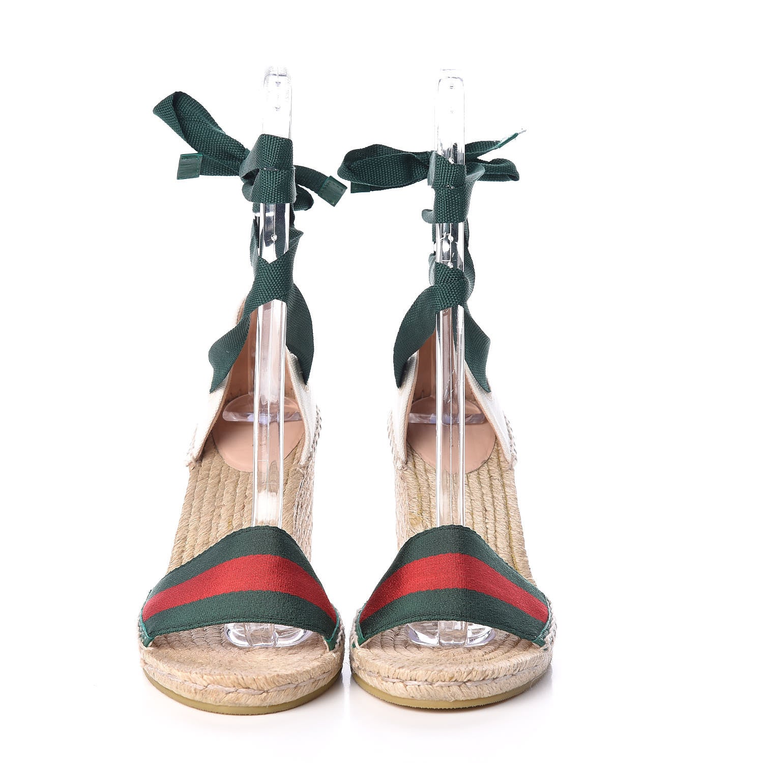 Gucci Canvas Malaga Kid Web Ankle Wrap Espadrille Wedge Sandals 38.5 Green Red Mystic White Emerald 2 of 9