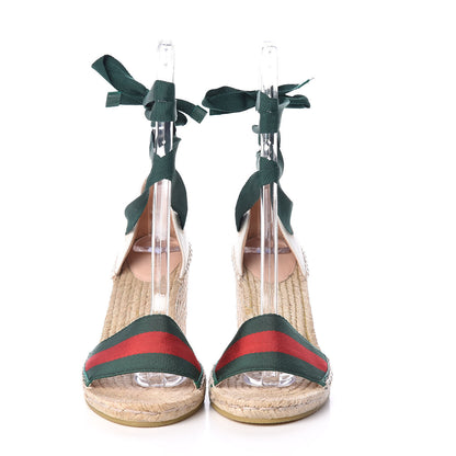Gucci Canvas Malaga Kid Web Ankle Wrap Espadrille Wedge Sandals 38.5 Green Red Mystic White Emerald 2 of 9
