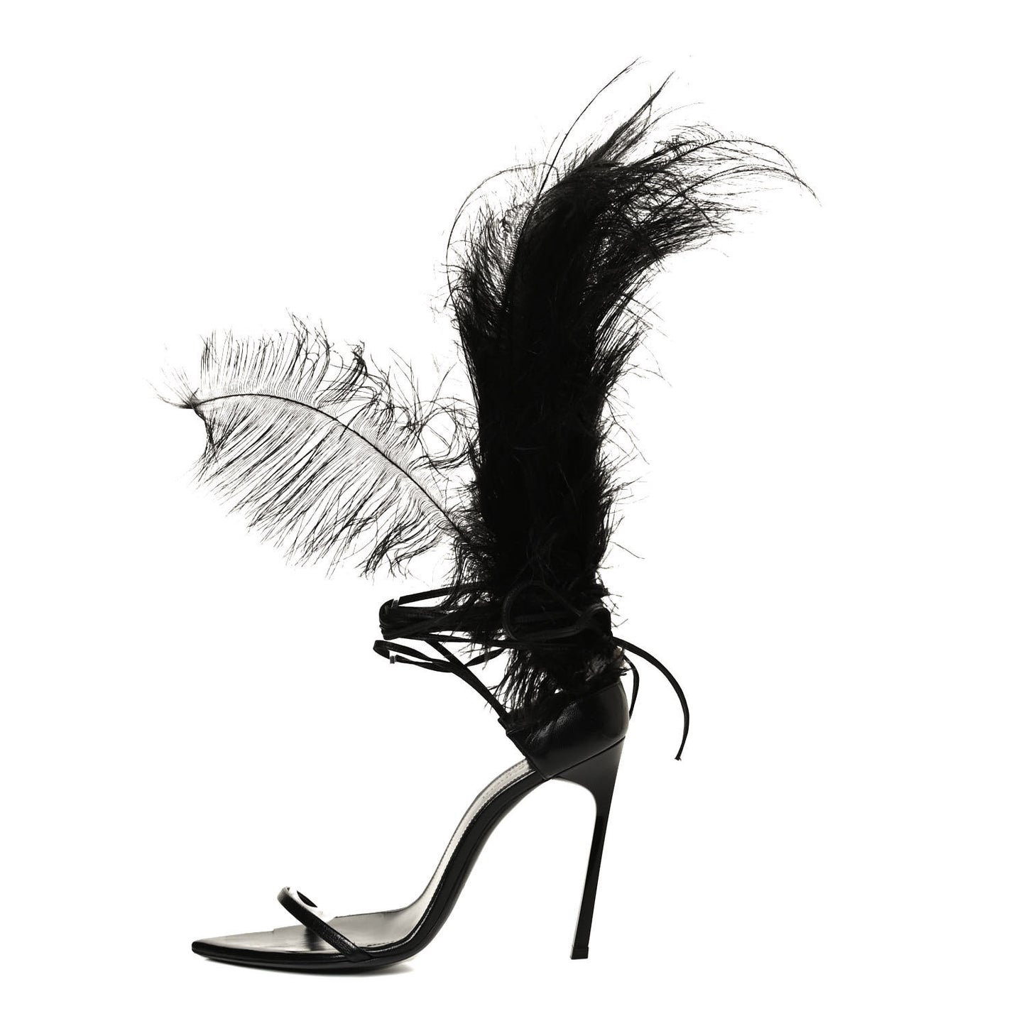 Feather Embellished Calfskin Talitha Ankle-Wrap Sandals 39 Black
