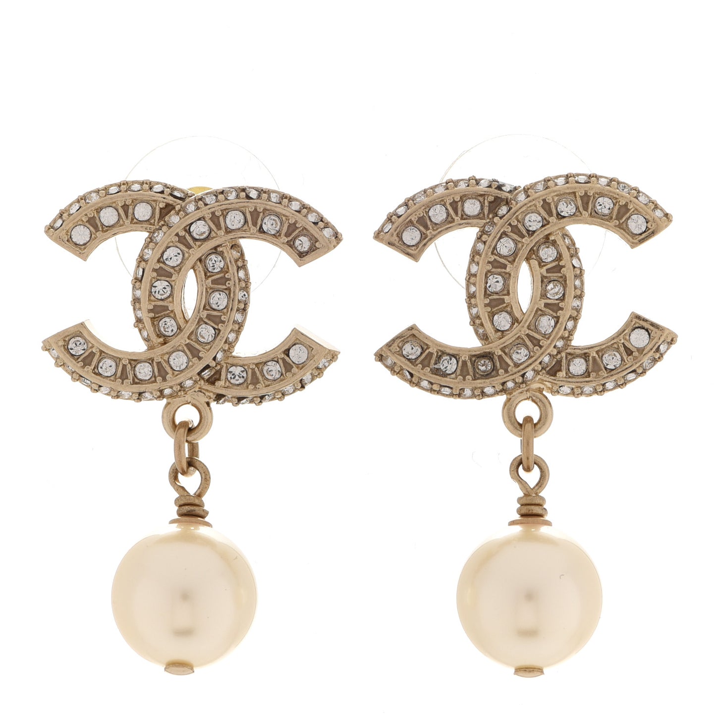 Crystal Pearl CC Drop Earrings Gold