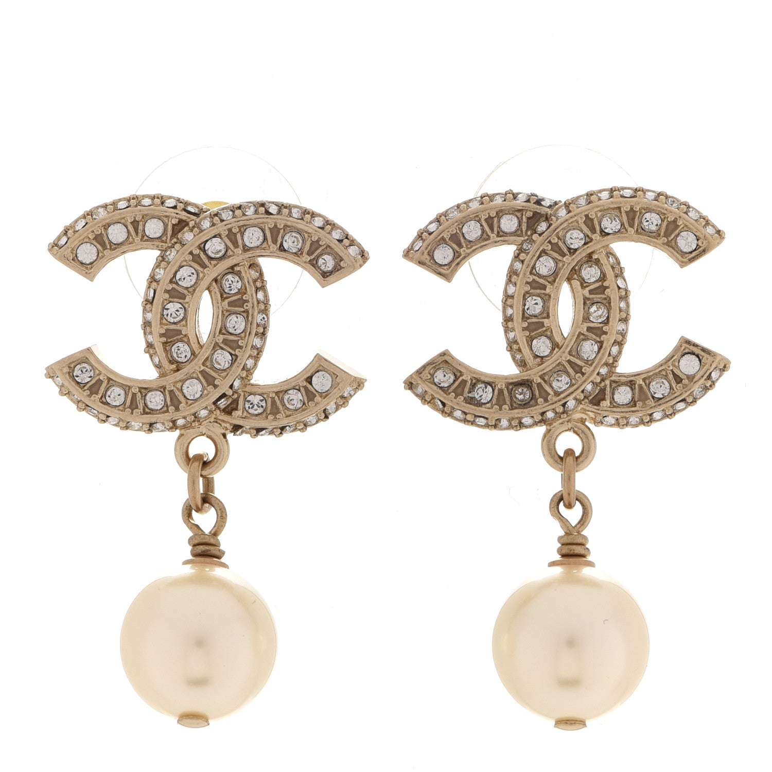 Chanel Crystal Pearl CC Drop Earrings Gold 1 of 5