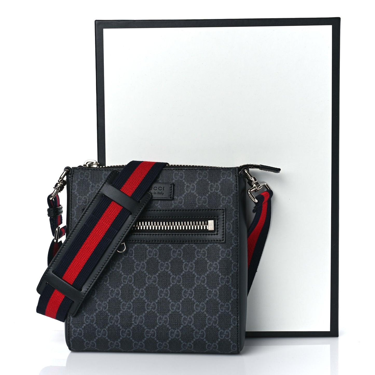 GG Supreme Monogram Web Small Flat Messenger Bag Black Grey