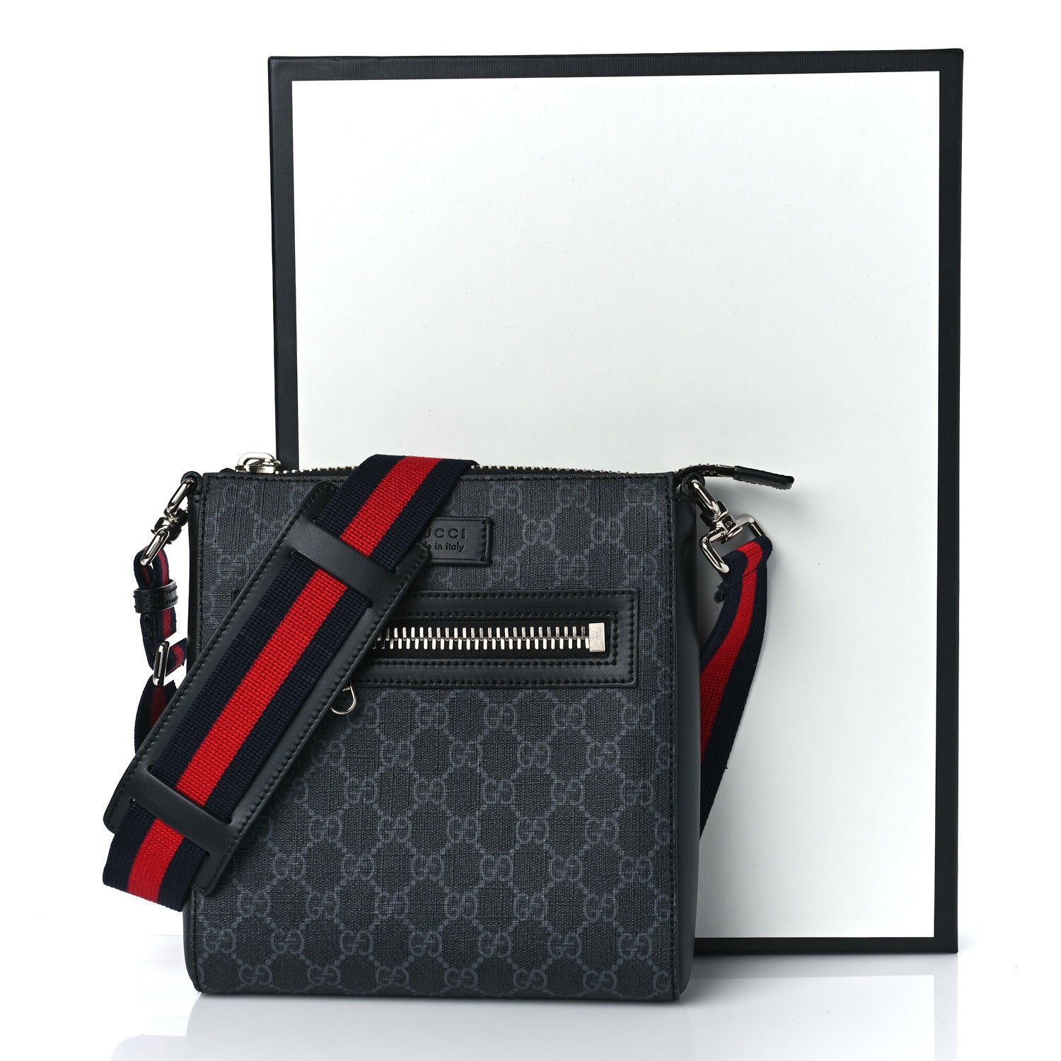 Gucci GG Supreme Monogram Web Small Flat Messenger Bag Black Grey 10 of 10