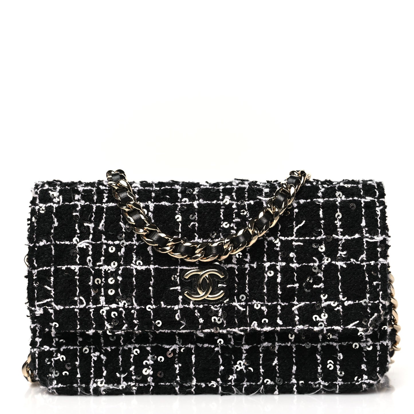 Tweed Sequin Quilted CC Flap Phone Holder With Chain Black White