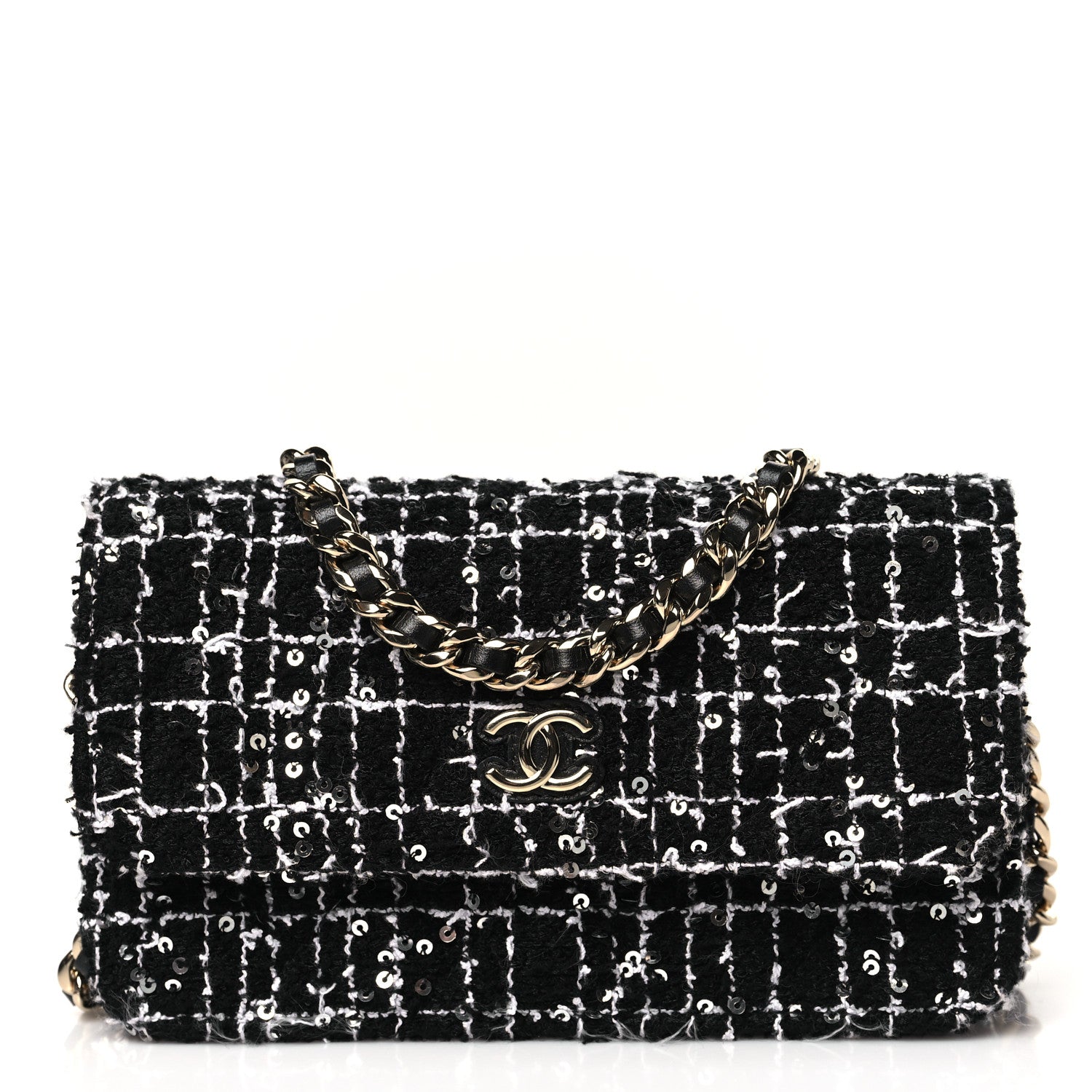 Chanel Tweed Sequin Quilted CC Flap Phone Holder With Chain Black White 1 of 11