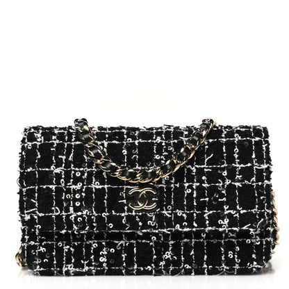 Chanel Tweed Sequin Quilted CC Flap Phone Holder With Chain Black White 1 of 11