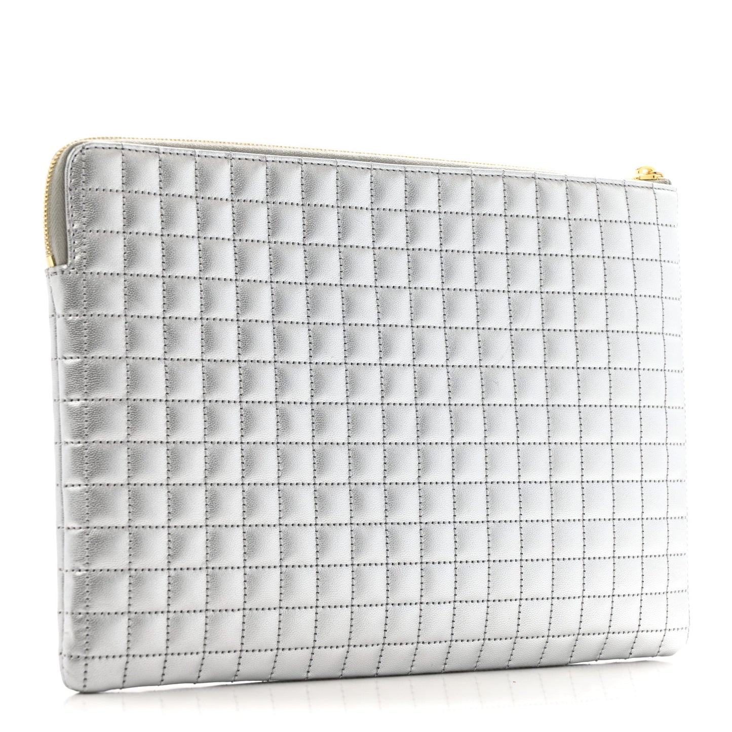 Laminated Calfskin Quilted C Charm Pouch Silver