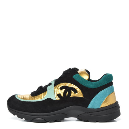 Chanel Fabric Calfskin Suede CC Womens Sneakers 37 Black Turquoise Gold 1 of 7