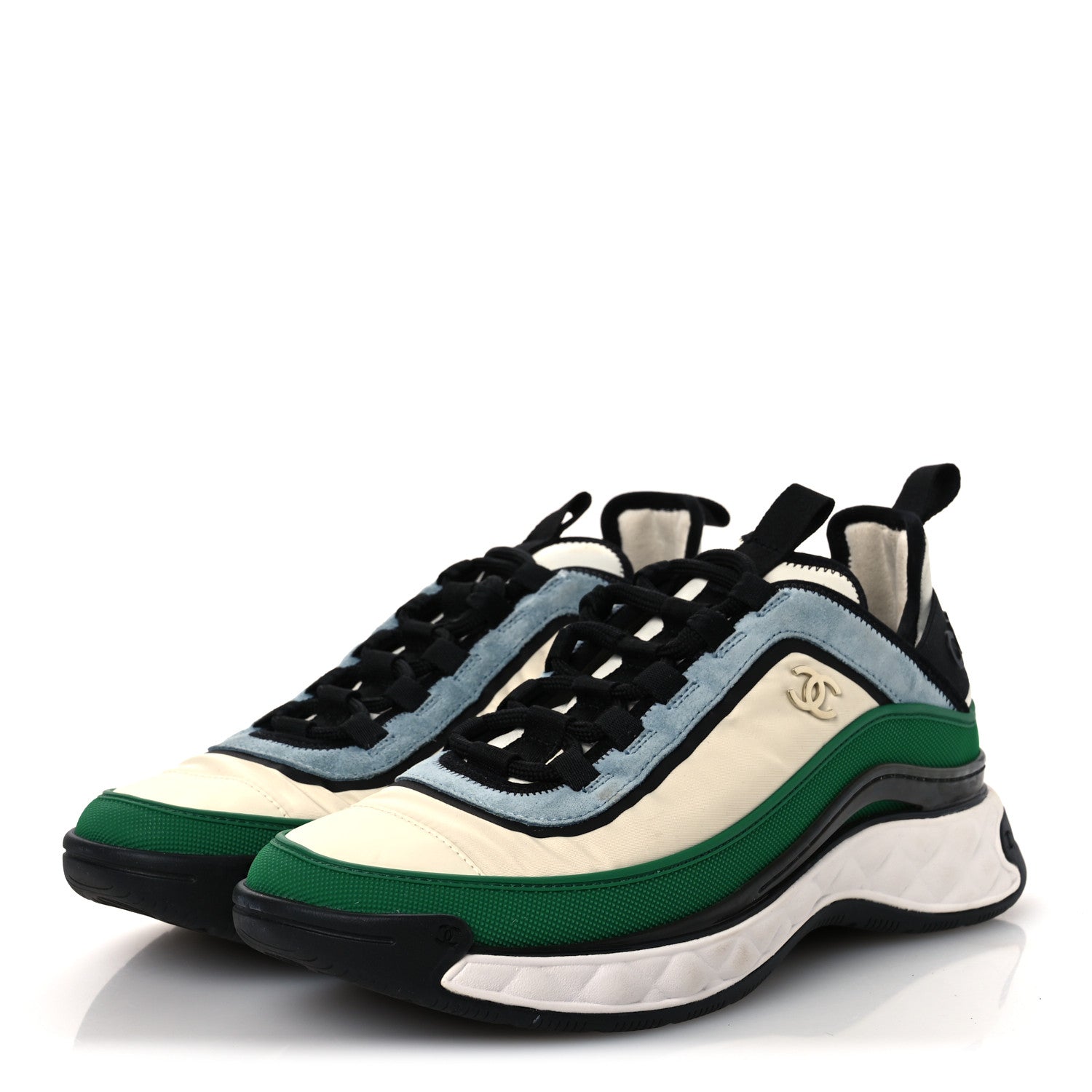 Chanel Suede Calfskin Mixed Fibers CC Sneakers 40 Ivory Green Light Blue 4 of 11