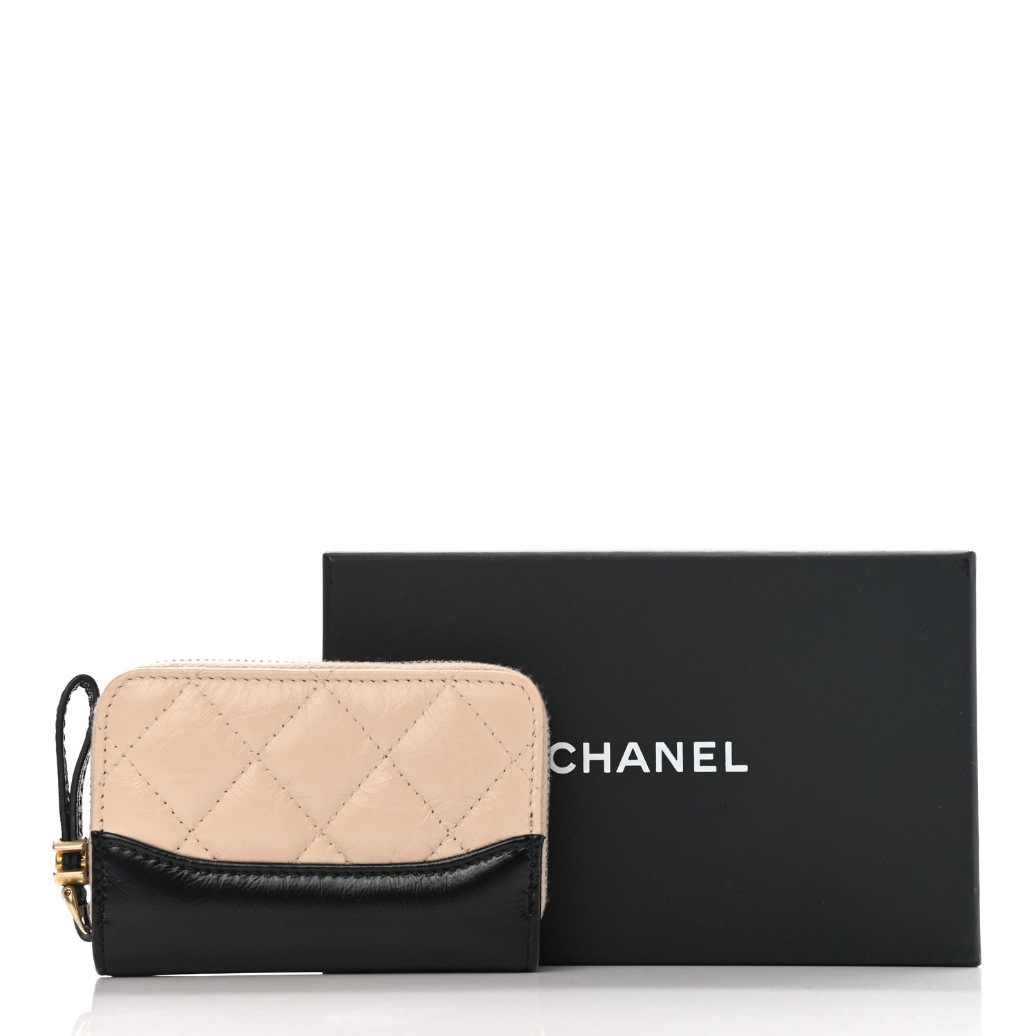 Chanel Aged Calfskin Quilted Gabrielle Zip Around Coin Purse Wallet Beige Black 9 of 9