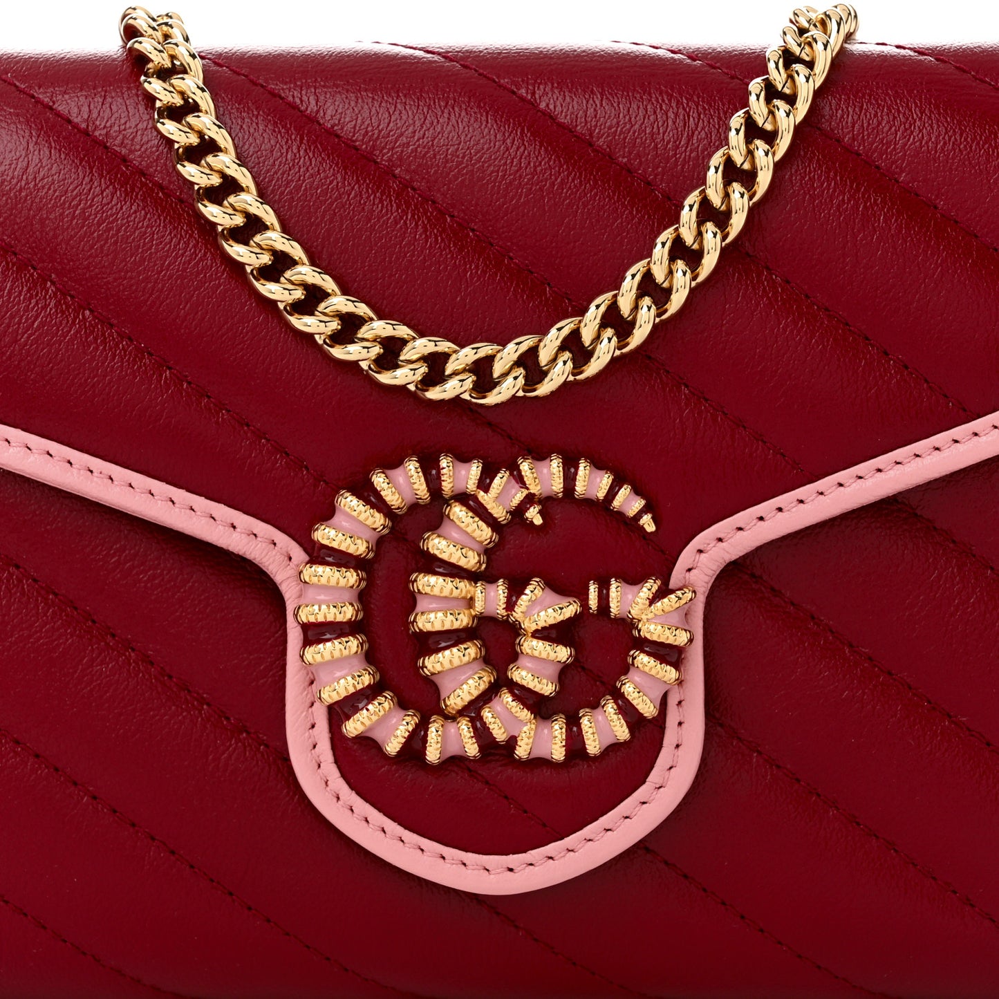 Azalea Calfskin Enamel Matelasse Diagonal Torchon GG Marmont Chain Wallet New Cherry Red Wild Rose
