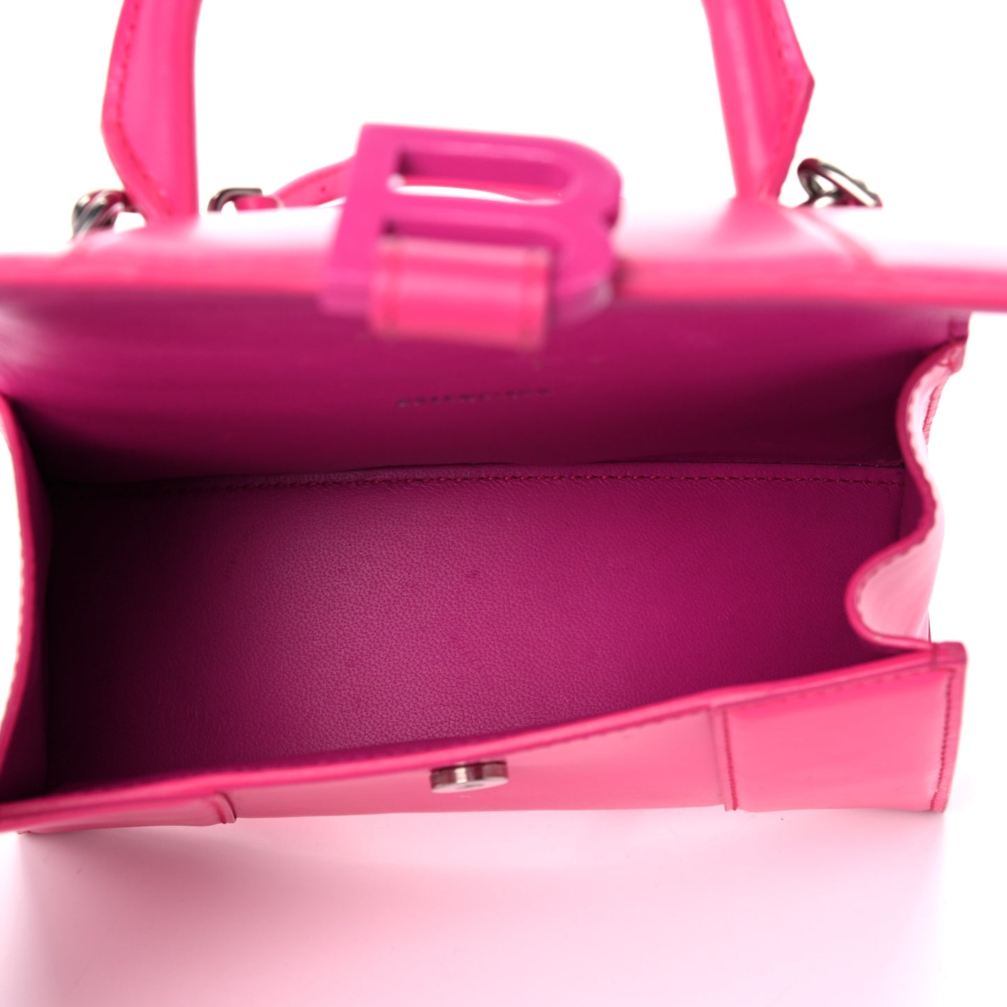 Shiny Box Calfskin Tonal B Hourglass Top Handle Bag XS Fuchsia