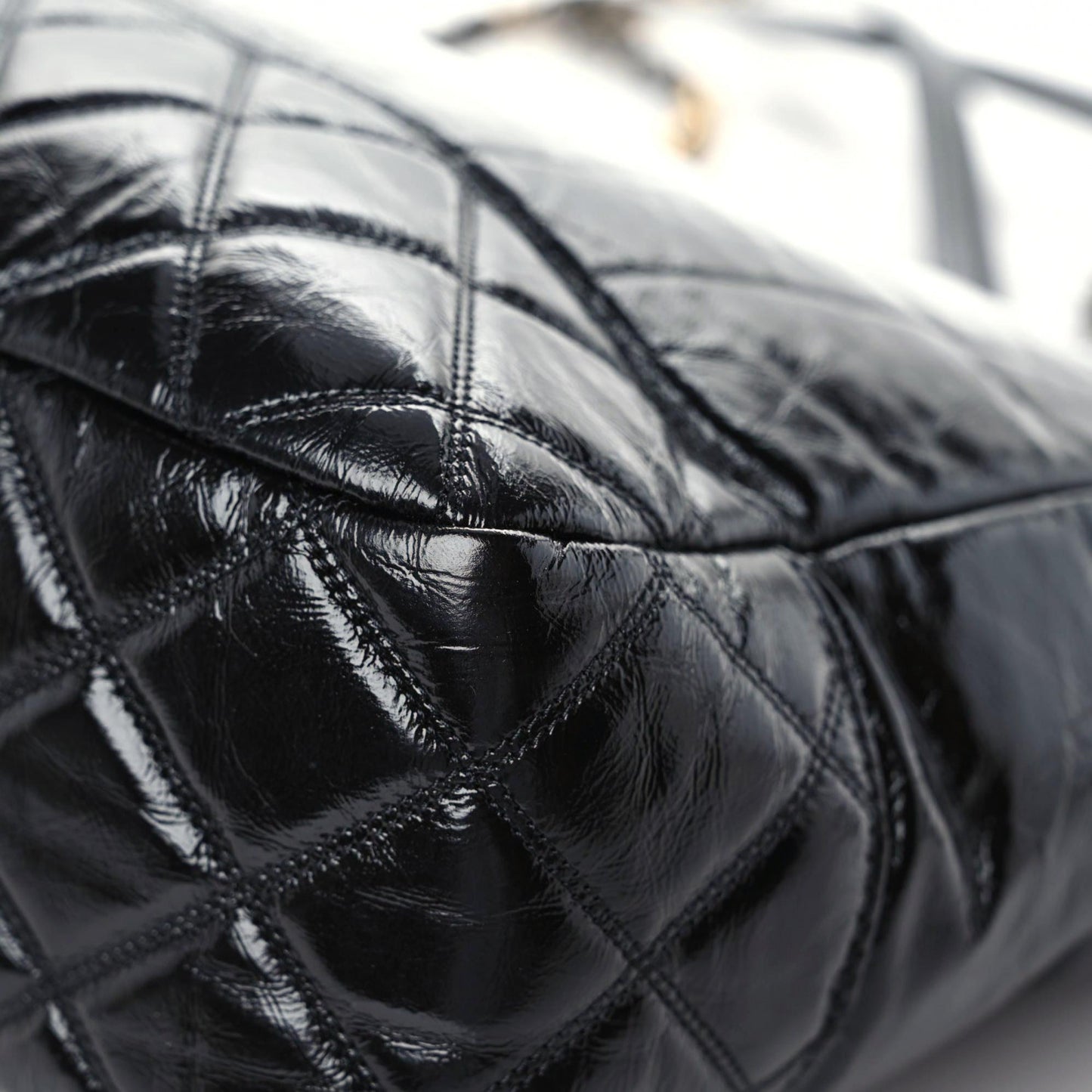 Shiny Aged Calfskin Quilted Large Shopping Bag Black