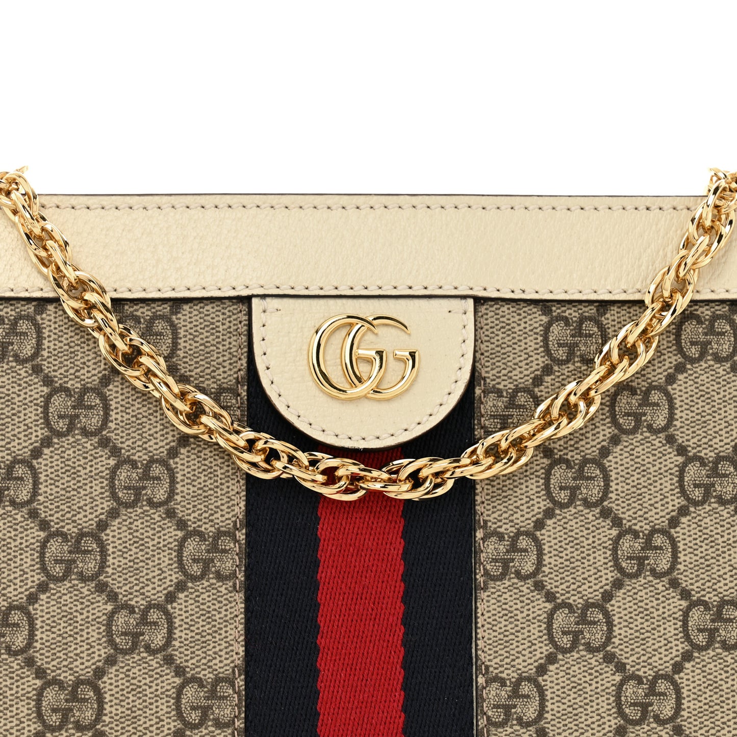GG Supreme Monogram Textured Calfskin Web Small Ophidia Chain Shoulder Bag Beige Ebony Mystic White