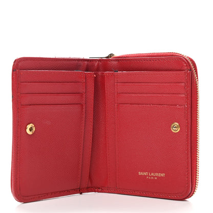 Saint Laurent Grain De Poudre Matelasse Chevron Monogram Compact Zip Around Wallet Red 6 of 14