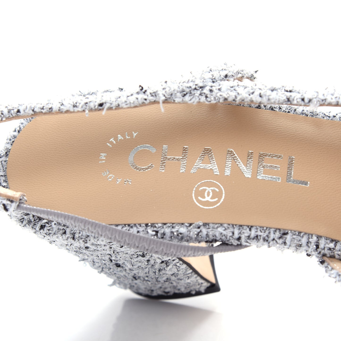 Tweed Grosgrain Cap Toe CC Slingback Pumps 37.5 Grey Silver Black