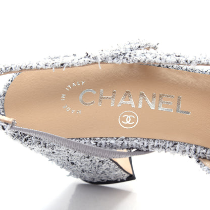 Chanel Tweed Grosgrain Cap Toe CC Slingback Pumps 37.5 Grey Silver Black 8 of 12