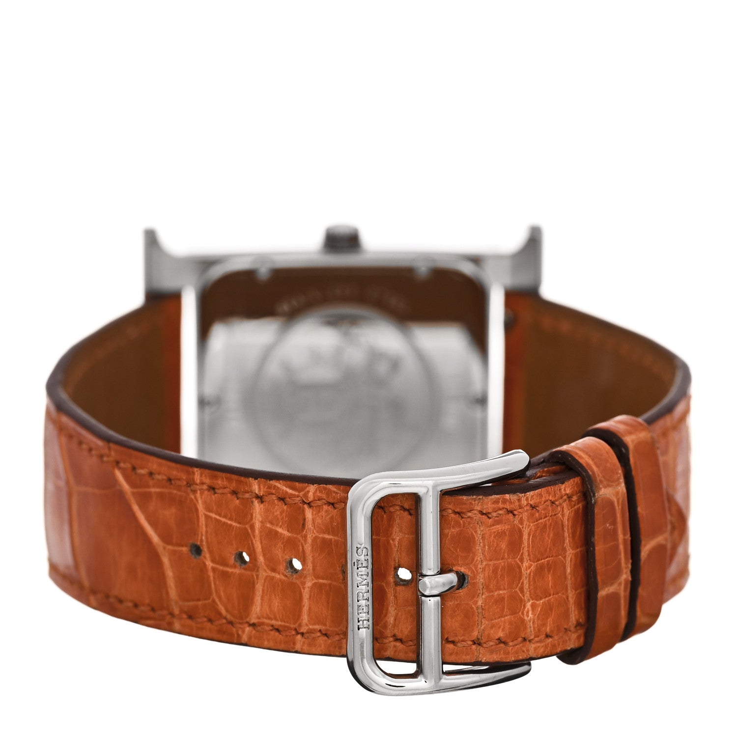Hermes Stainless Steel Alligator Diamond Mother of Pearl 30.5mm Heure H Hour Quartz Watch Orange 3 of 4