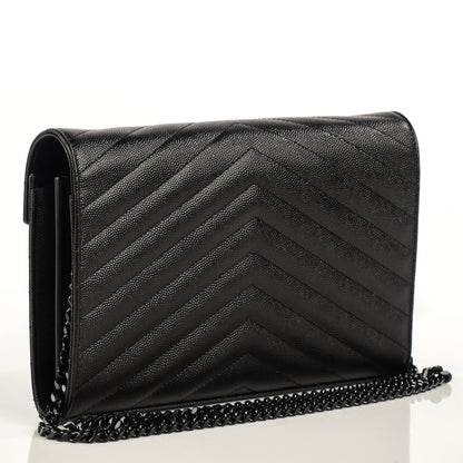Saint Laurent Grain De Poudre Matelasse Chevron Medium Monogram Chain Wallet Black 3 of 8
