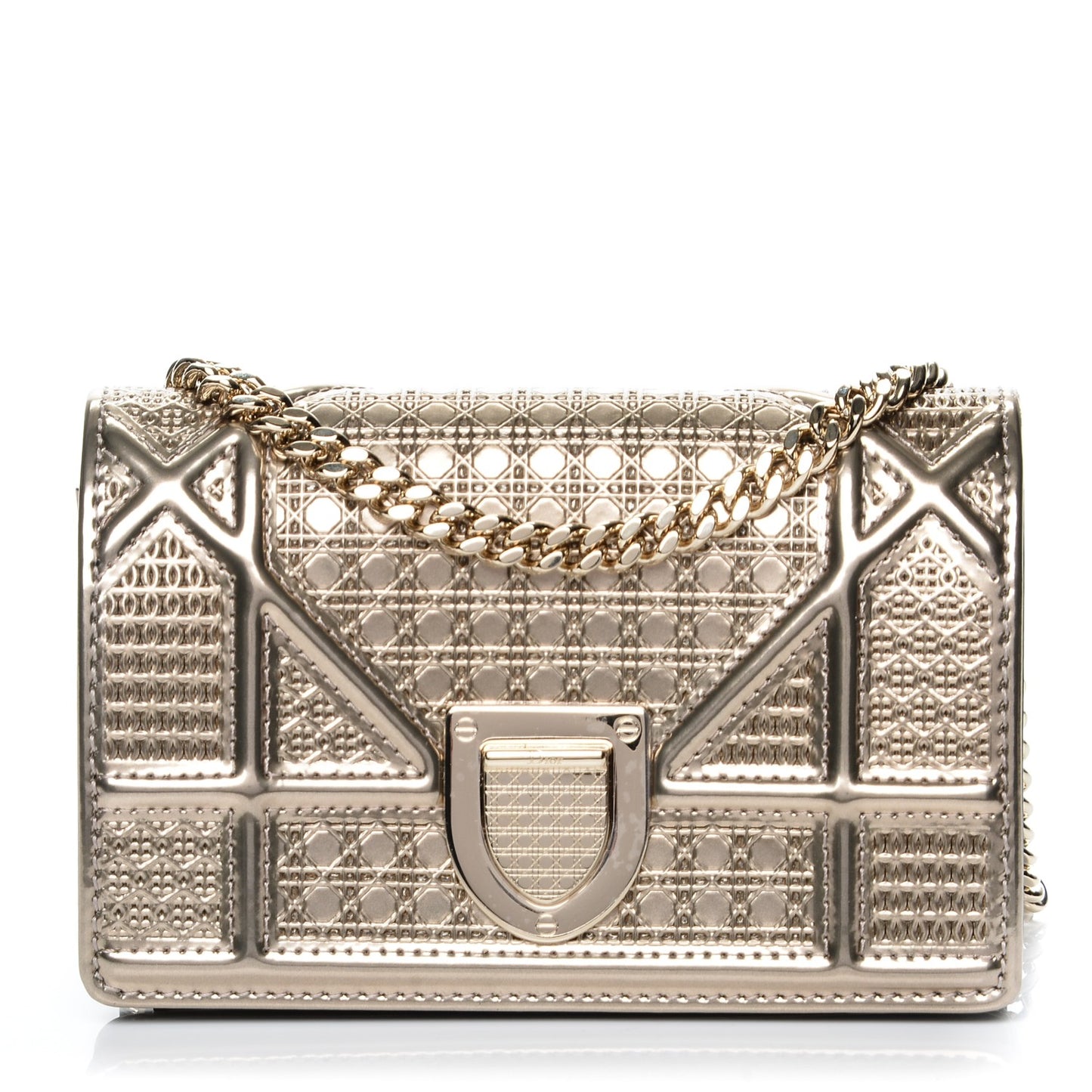 Metallic Patent Micro-Cannage Baby Diorama Flap Bag Gold