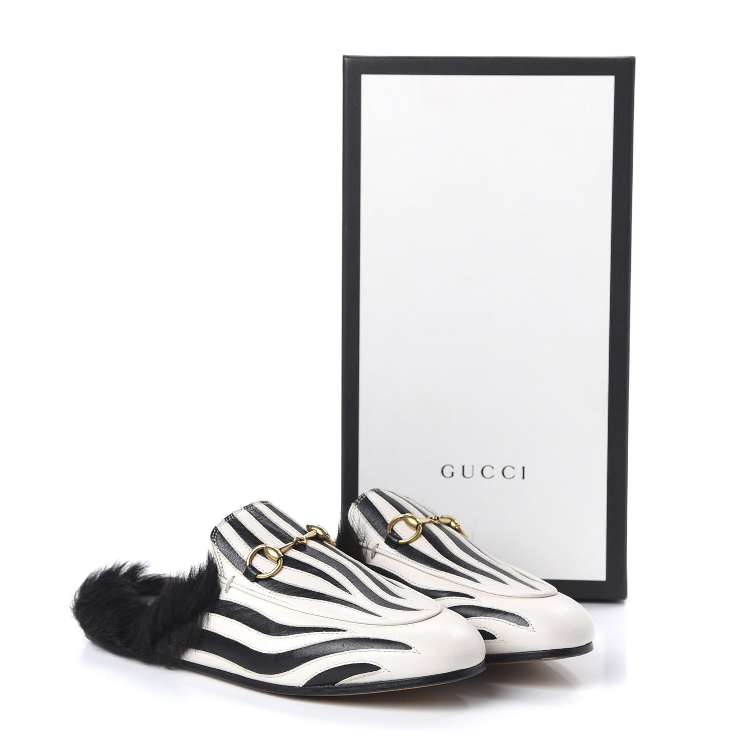 Malaga Kid Fur Zebra Inlay Womens Princetown Slippers 37 Mystic White Black