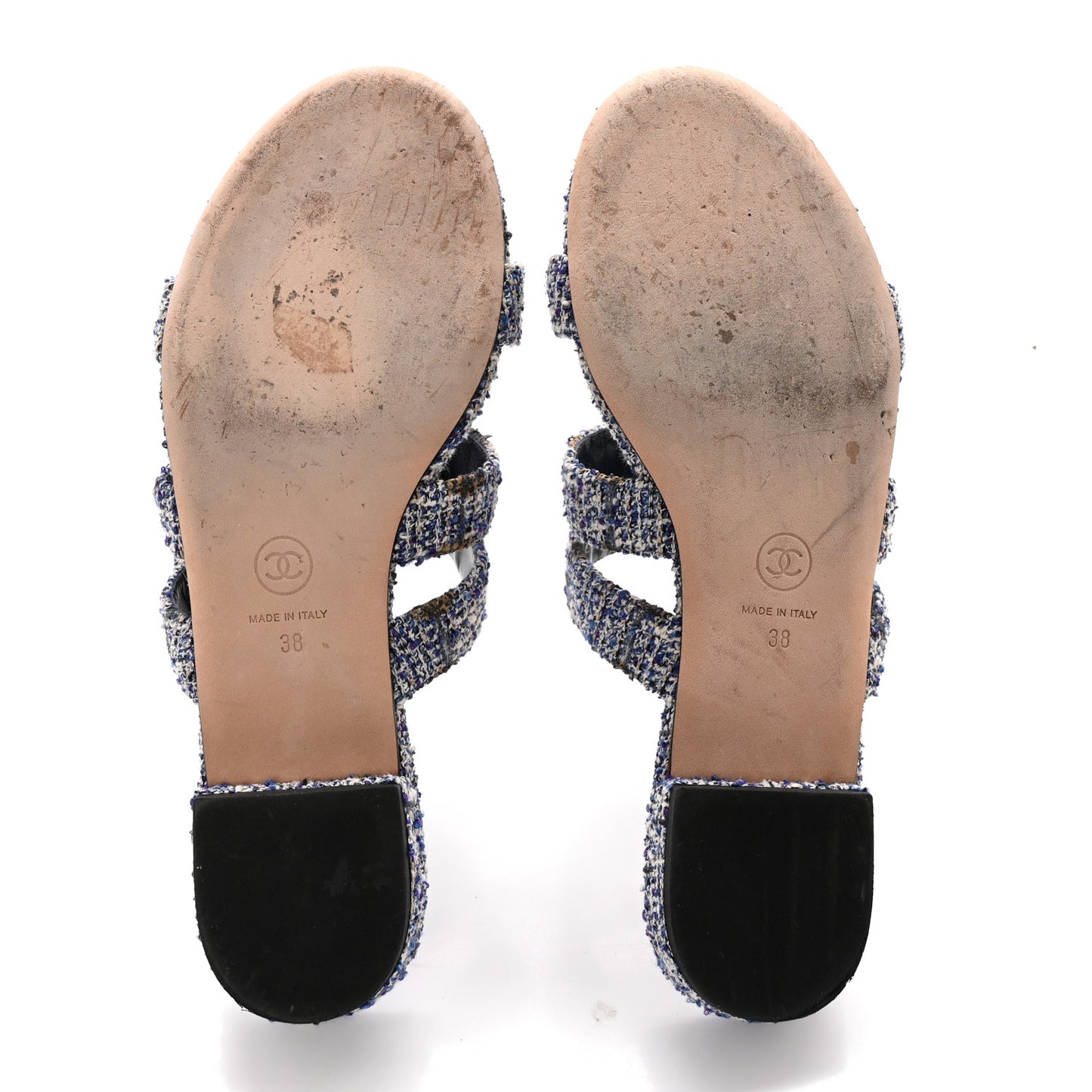Tweed Lambskin CC Turnlock Mule Sandals 38 Blue Ecru Grey