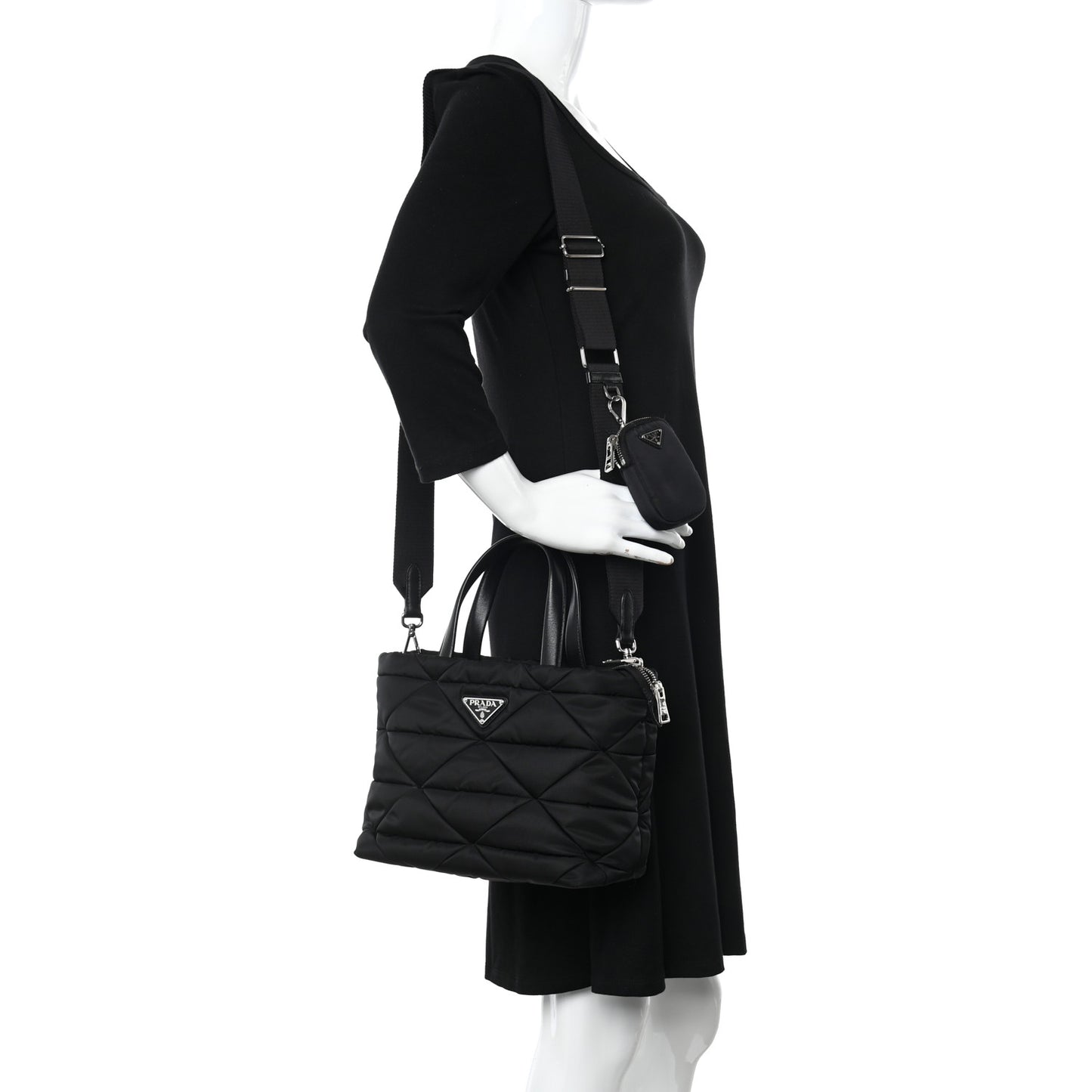 Re-Nylon Nappa Triangle Quilted Padded Double Handled Zip Pocket Tote Black