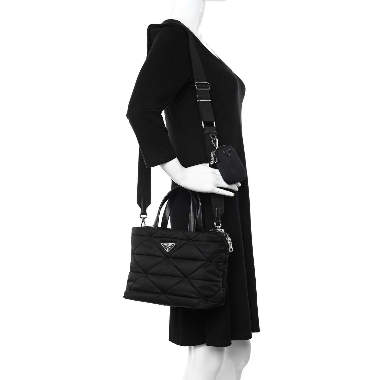 Prada Re-Nylon Nappa Triangle Quilted Padded Double Handled Zip Pocket Tote Black 2 of 12