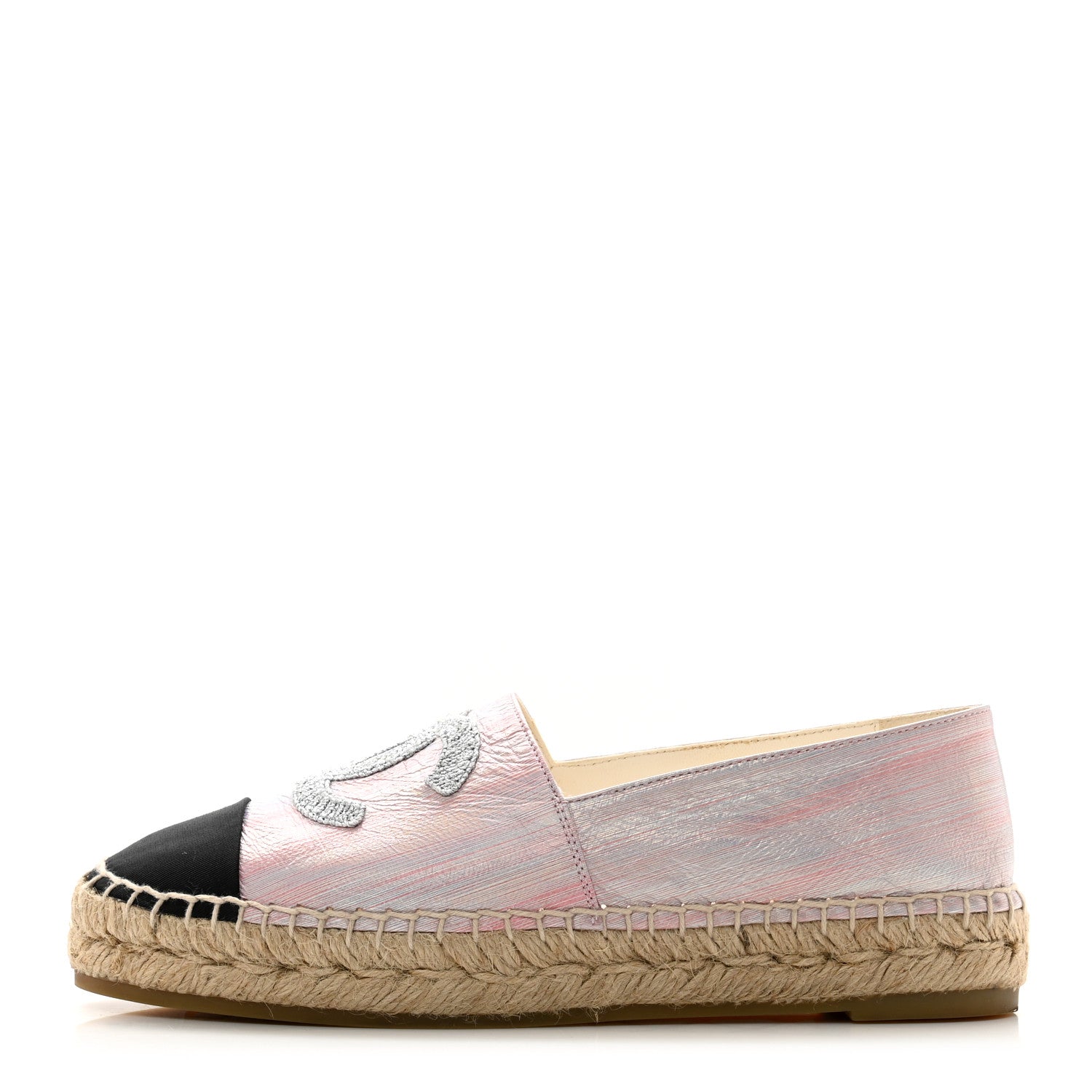 Chanel Laminated Lambskin Grosgrain Embroidered CC Espadrilles 38 Pink Silver Black 1 of 9