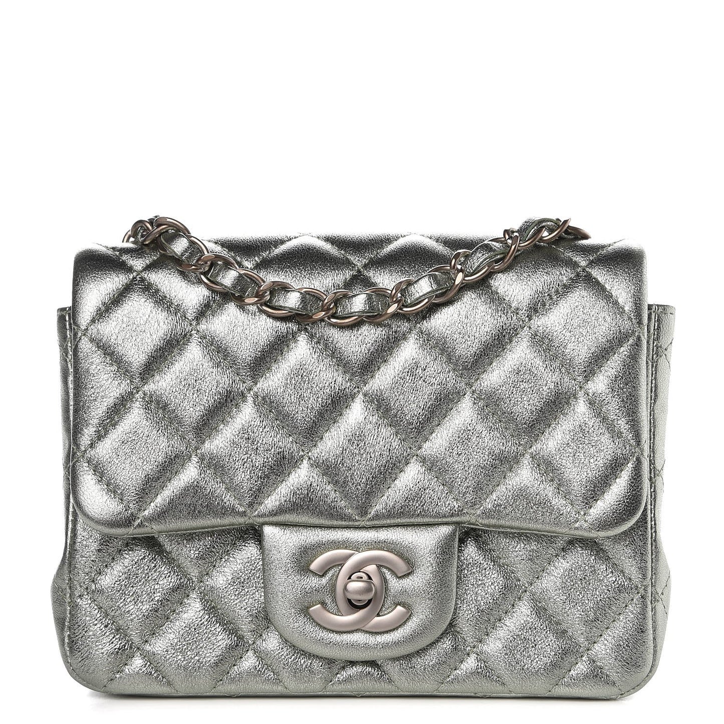 Metallic Lambskin Quilted Mini Square Flap Green